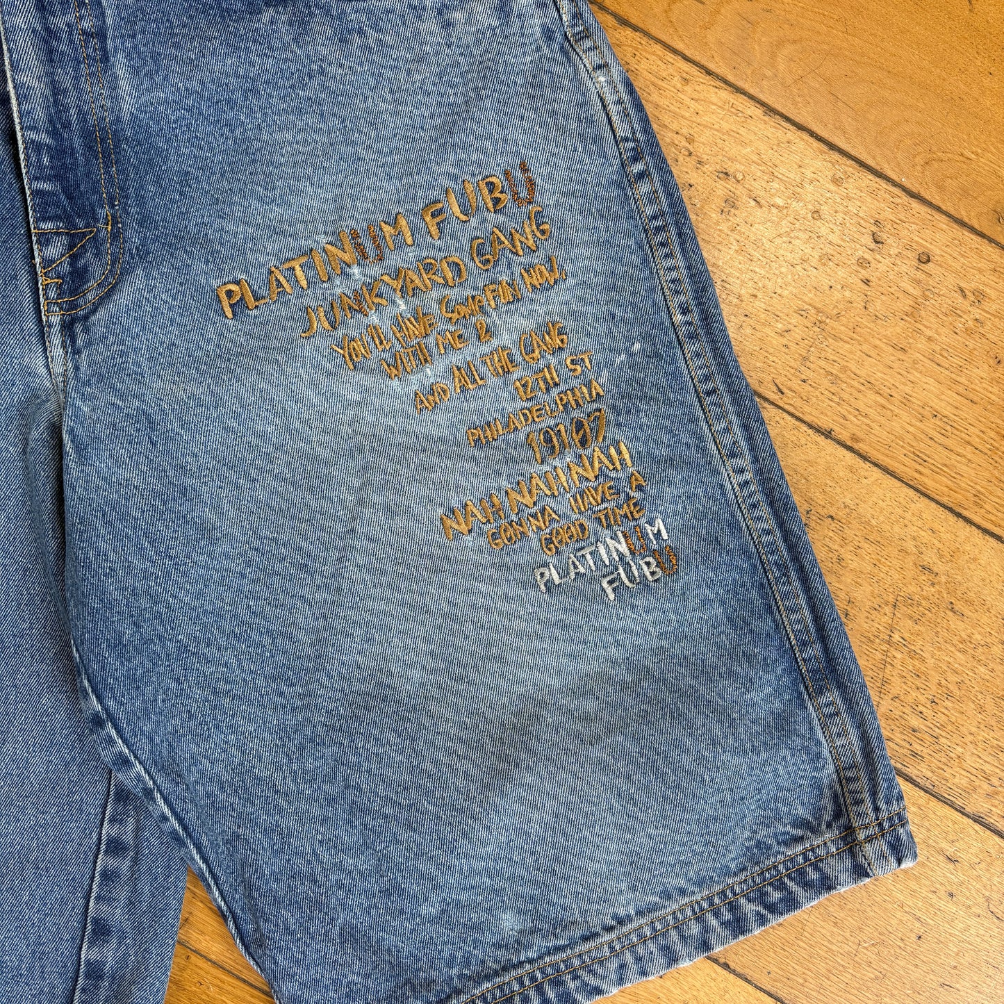 Vintage Platinum Fubu Fat Albert Embroidered Hip Hop Blue Baggy Shorts Jorts -34