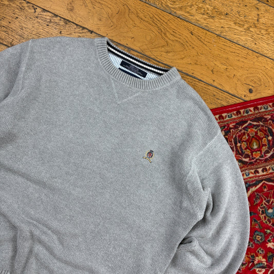 Vintage Tommy Hilfiger Grey Embroidered Crest Chunky Knit Jumper - L