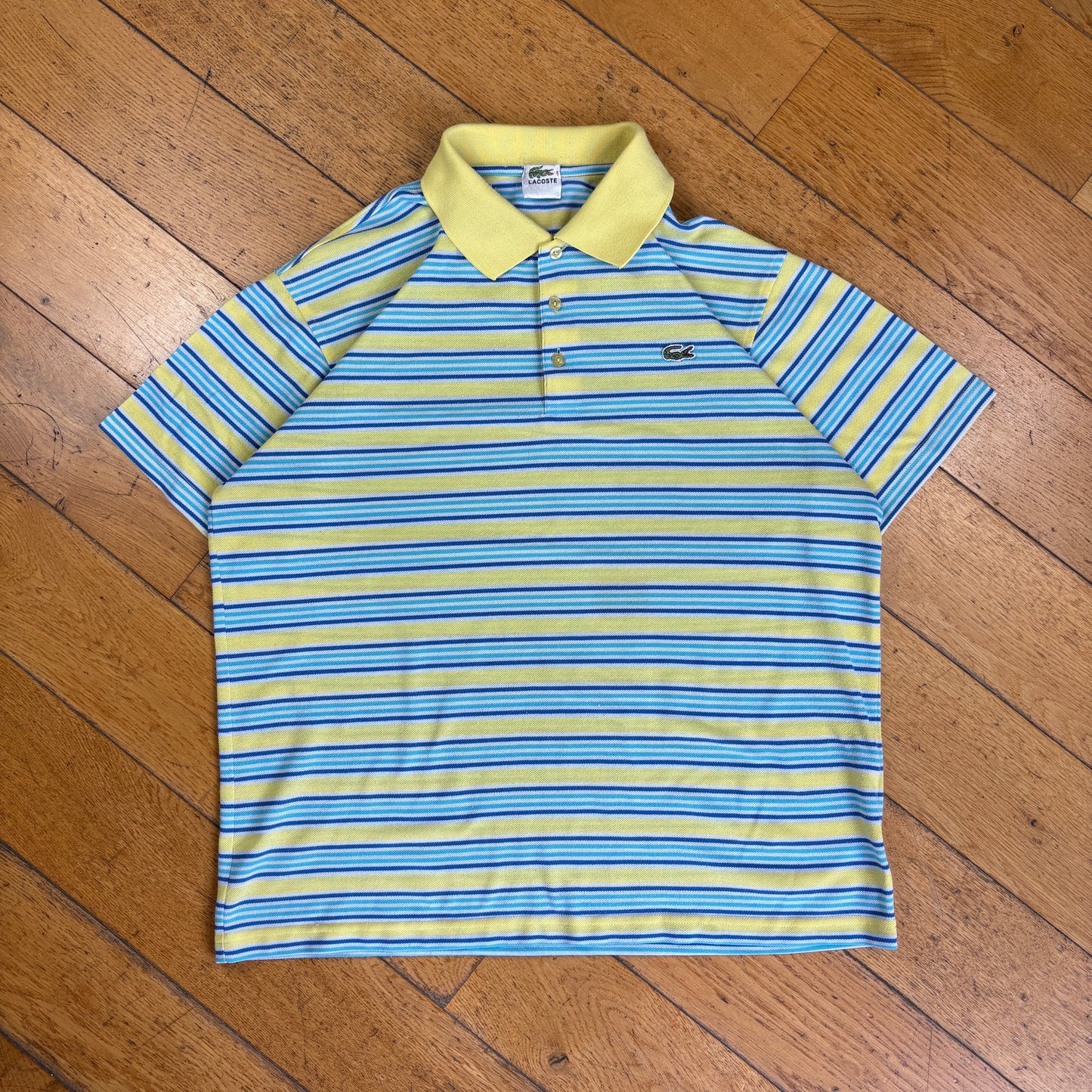 Vintage Lacoste Stripe Blue Yellow Polo Shirt - L
