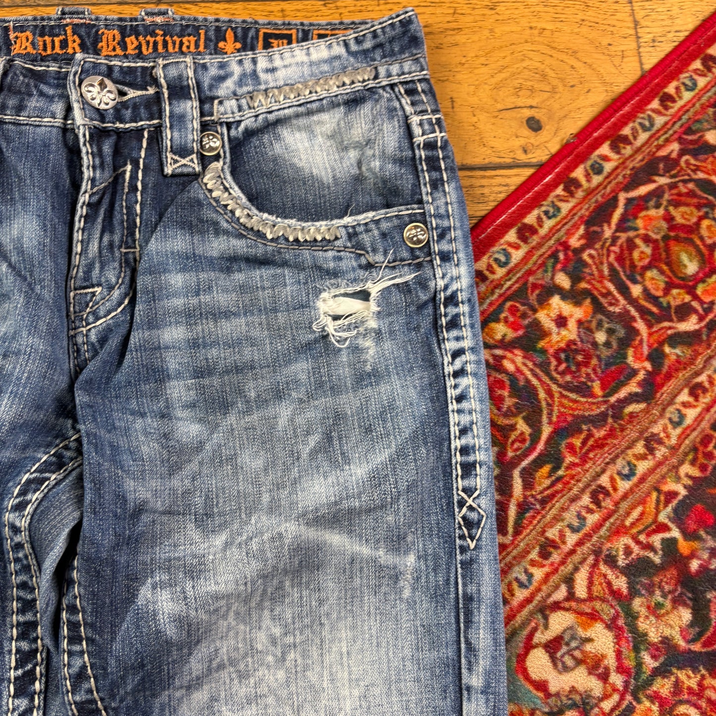 Vintage Rock Revival Blue Embroidered Y2K Hip Hop Straight Jeans - 32