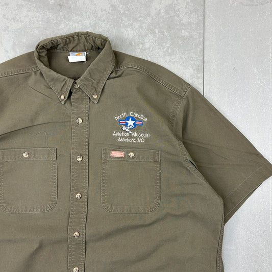 Vintage Carhartt Embroidered Aviation Short Sleeve Khaki Button Down Shirt - L