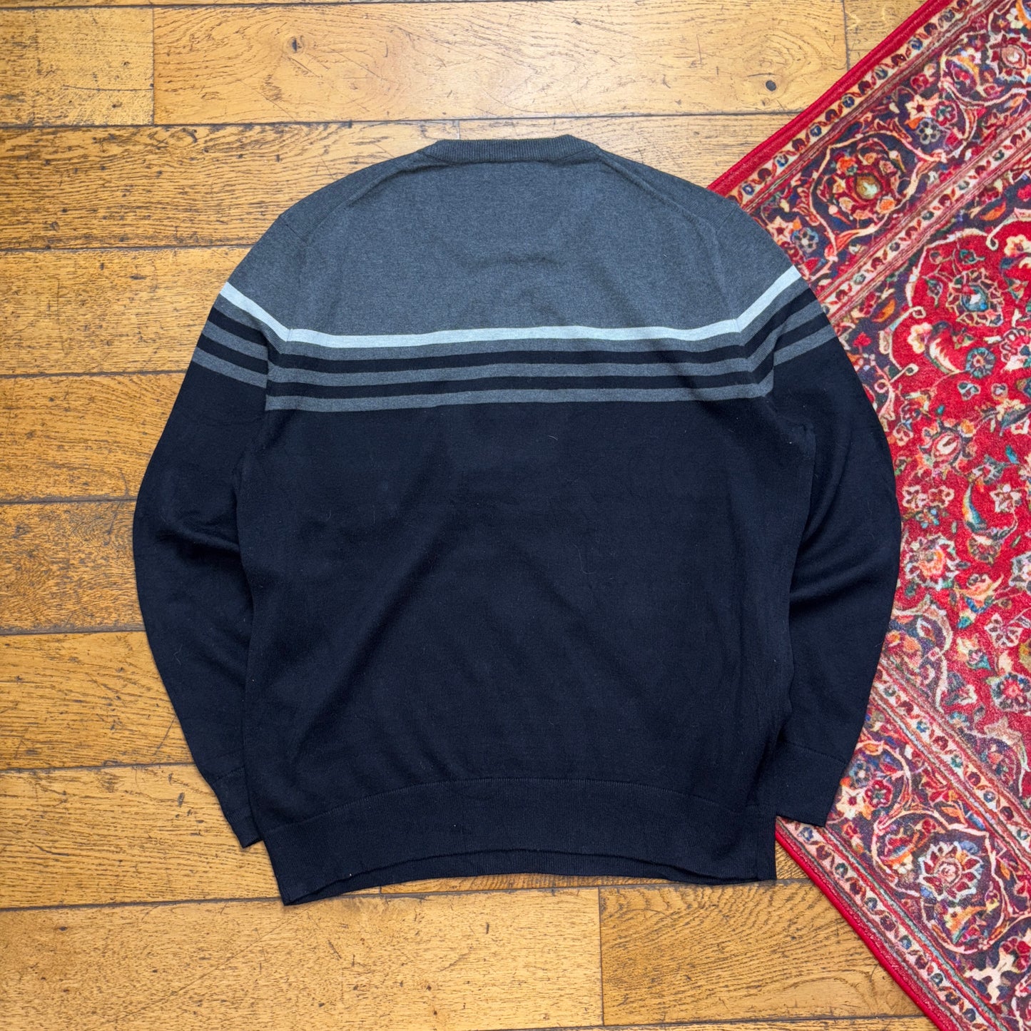 Vintage Nautica Black Grey Stripe Embroidered Knit Jumper - L