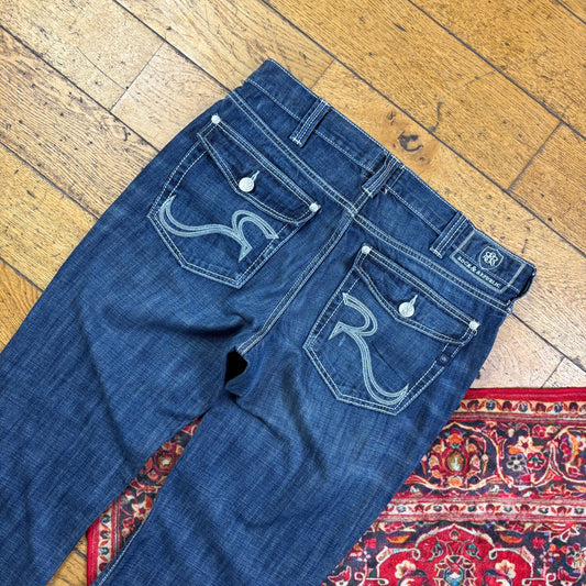 Vintage Rock and Republic Blue Embroidered Y2K Hip Hop Baggy Jeans - 36