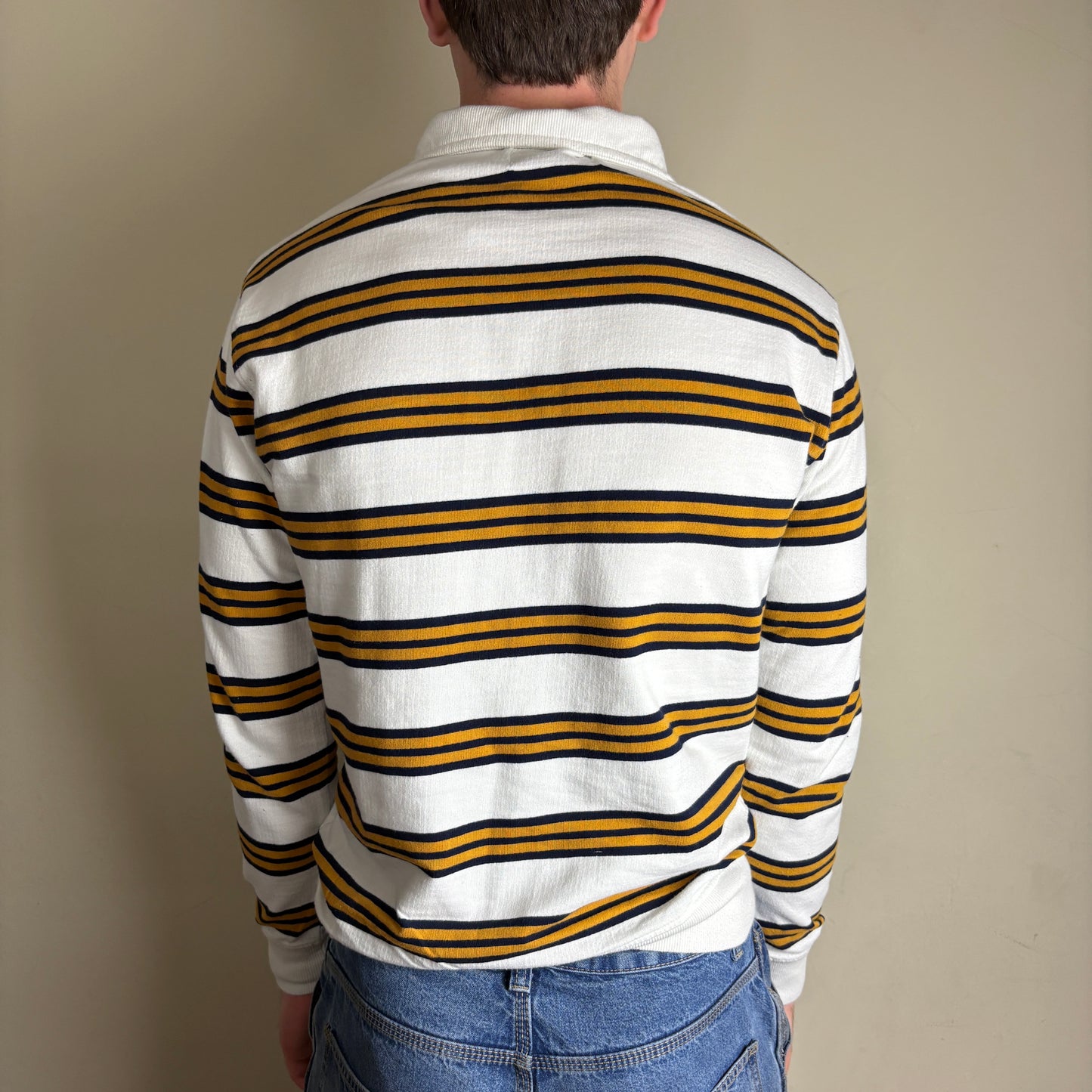 Vintage Lacoste White Navy Stripe Rugby Polo Shirt - S