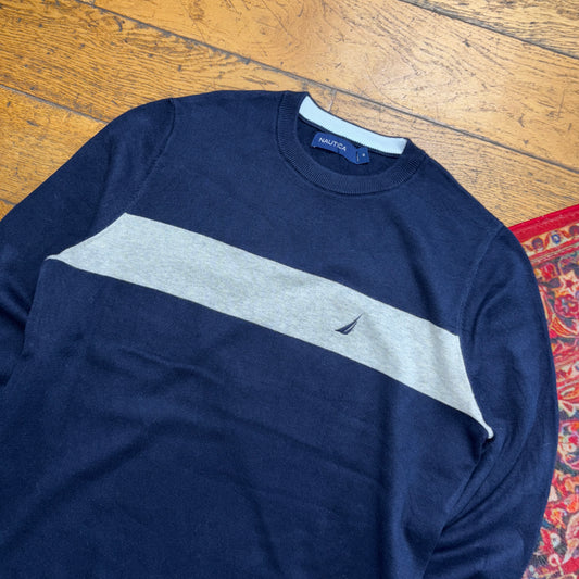 Vintage Nautica Navy Grey Stripe Embroidered Knit Jumper - S
