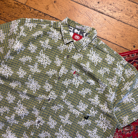 Vintage Ecko Unltd Green Pattern Short Sleeve Hip Hop Shirt - 2XL