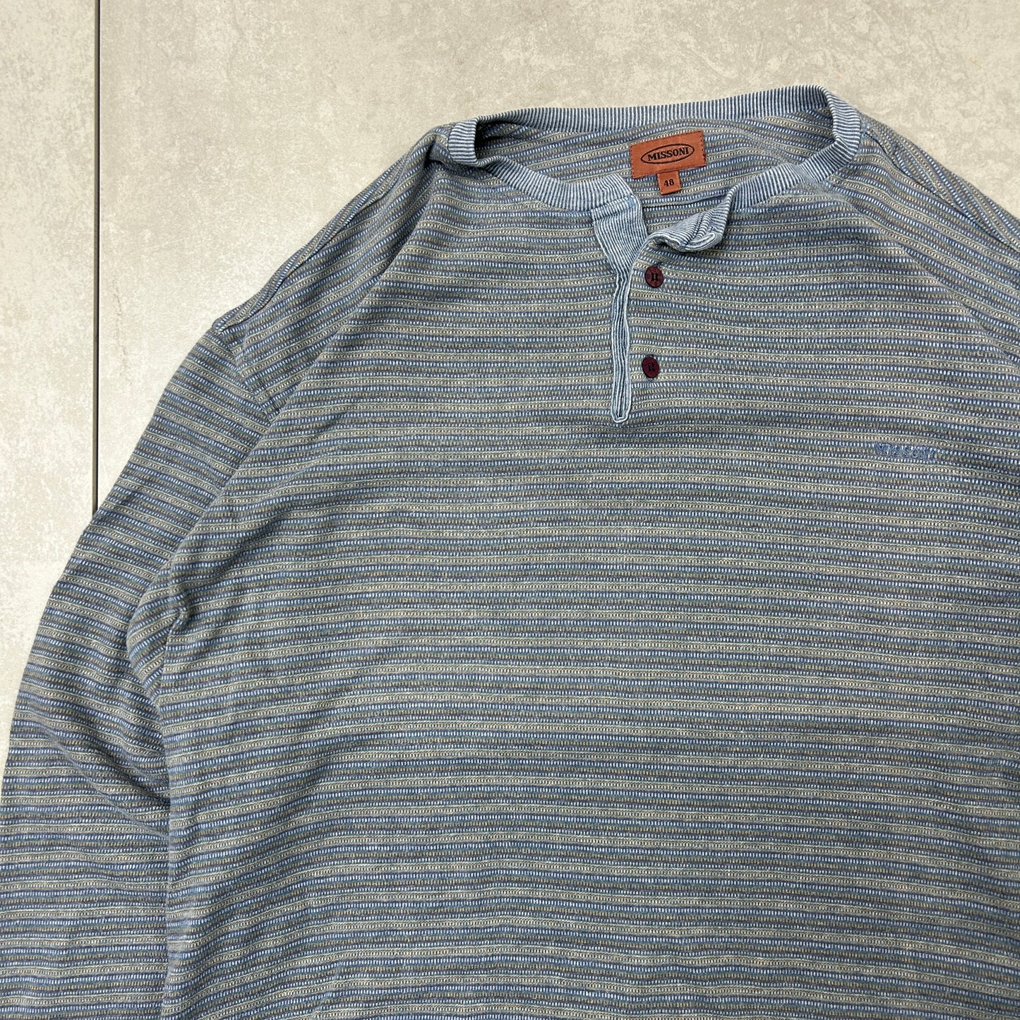 Vintage Missoni Italian Stripe Long Sleeve Blue Henley Boxy T-Shirt - XL