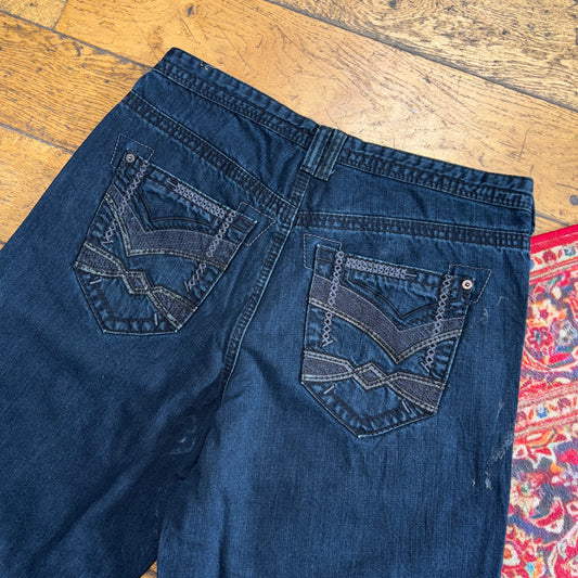 Vintage Route 66 Navy Blue Embroidered Y2K Hip Hop Baggy Jeans Shorts Jorts - 34