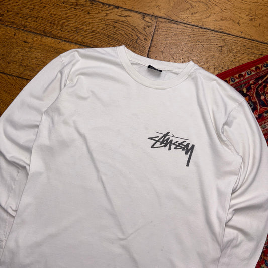 Vintage Stussy White Long Sleeve Graphic T-Shirt - S