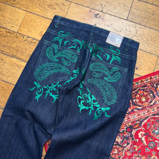 Vintage Dark Blue Embroidered Y2K Hip Hop Baggy Jeans - 34R