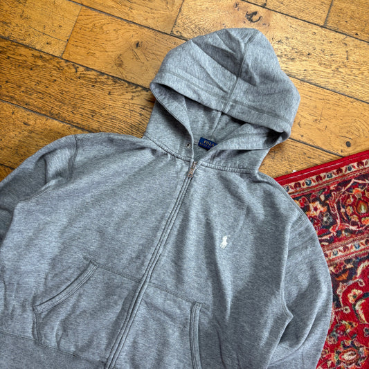 Vintage Ralph Lauren Grey Womens Zip Hoodie Embroidered Sweatshirt - L
