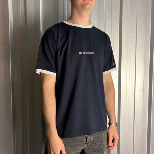 Vintage Tommy Hilfiger Black Ringer Graphic Y2K 00s T-Shirt - XL
