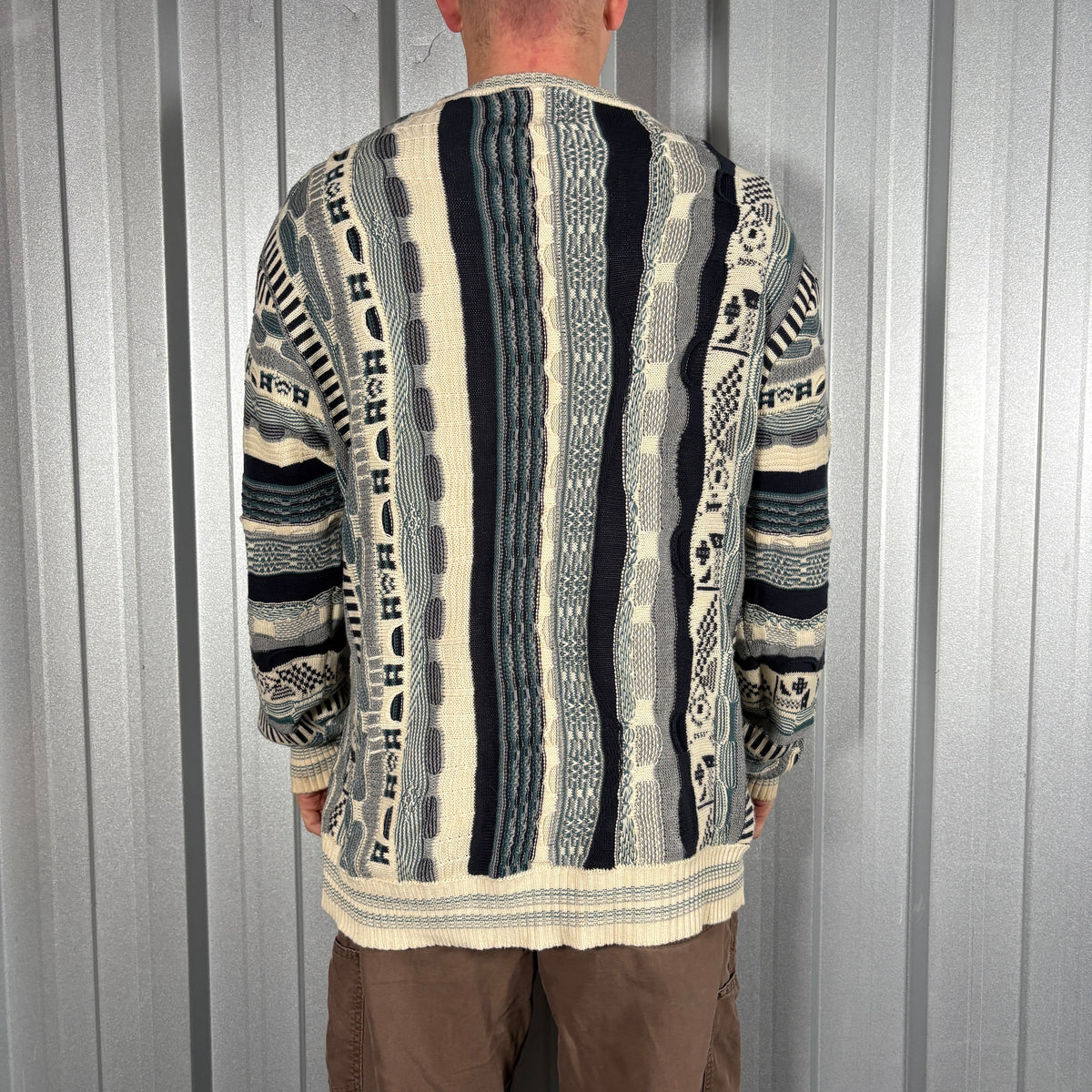 Coogi Style Crazy Funky Knit Cream Blue Jumper - L