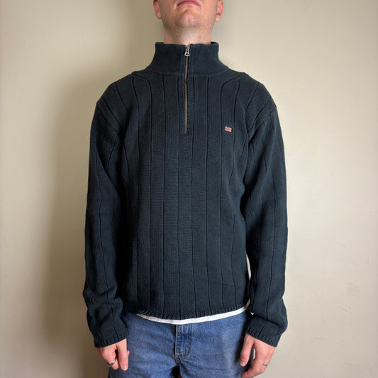 Vintage Ralph Lauren Black USA Flag Cable Quarter Zip Chunky Knit Jumper - L