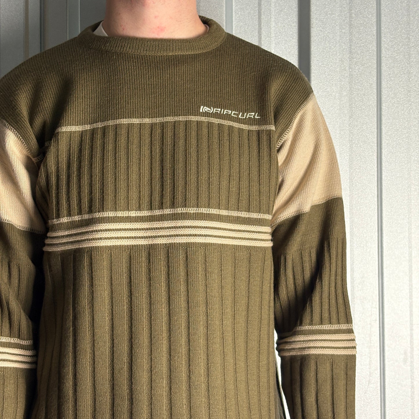 Vintage Rip Curl Green Wool Blend Surfwear Stripe Chunky Knit Jumper - S