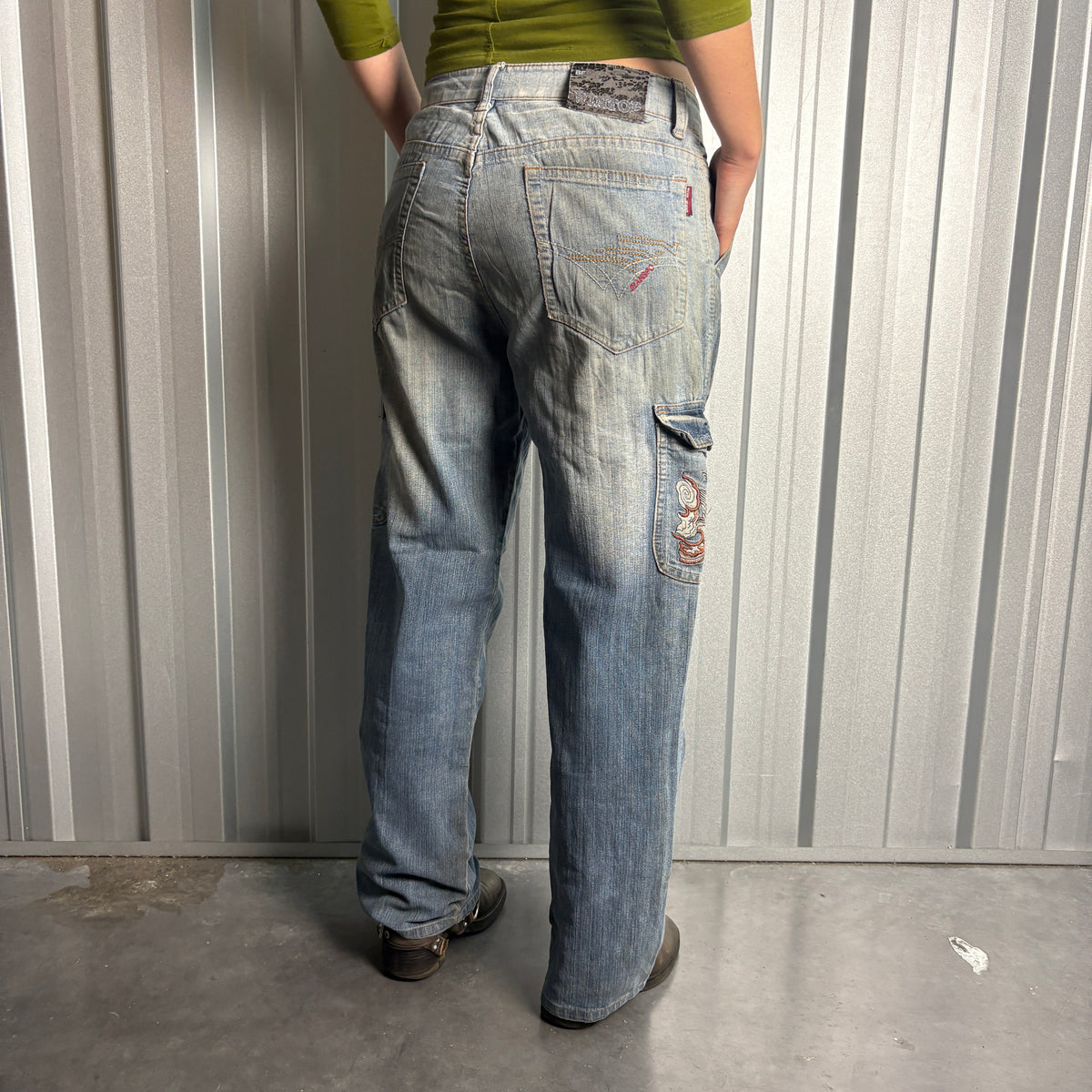 Embroidered Blue Cargo Japanese Denim Hip Hop Y2K Baggy Jeans - 32S
