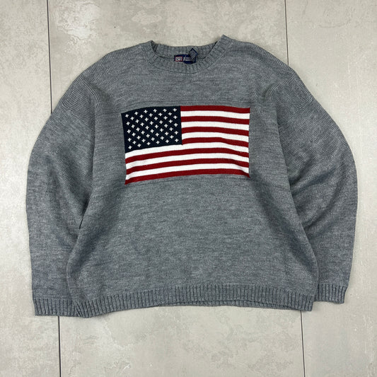 Vintage USA Flag Chunky Knit Grey Jumper - L