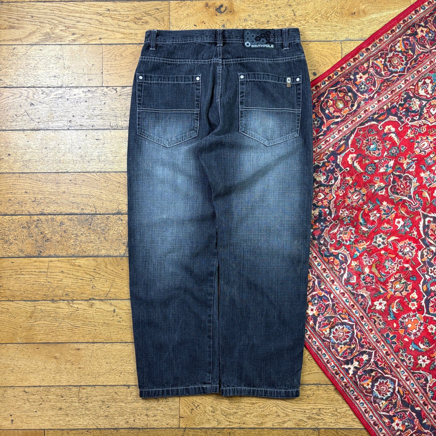 Vintage Southpole Black Embroidered Y2K Hip Hop Baggy Jeans - 36