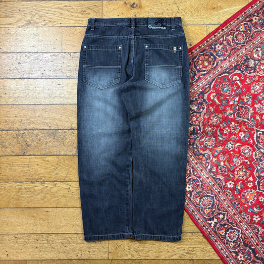 Vintage Southpole Black Embroidered Y2K Hip Hop Baggy Jeans - 36