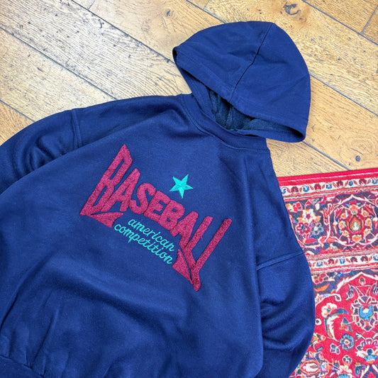Vintage 90s Baseball Navy Hoodie Embroidered Sweatshirt - L