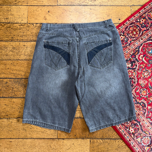 Vintage Route 66 Grey Embroidered Y2K Hip Hop Baggy Jeans Shorts Jorts - 38
