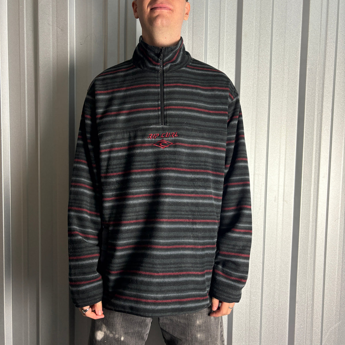 Vintage Rip Curl 00s Y2K Grey Stripe Surfwear Embroidered Fleece Sweatshirt - XL