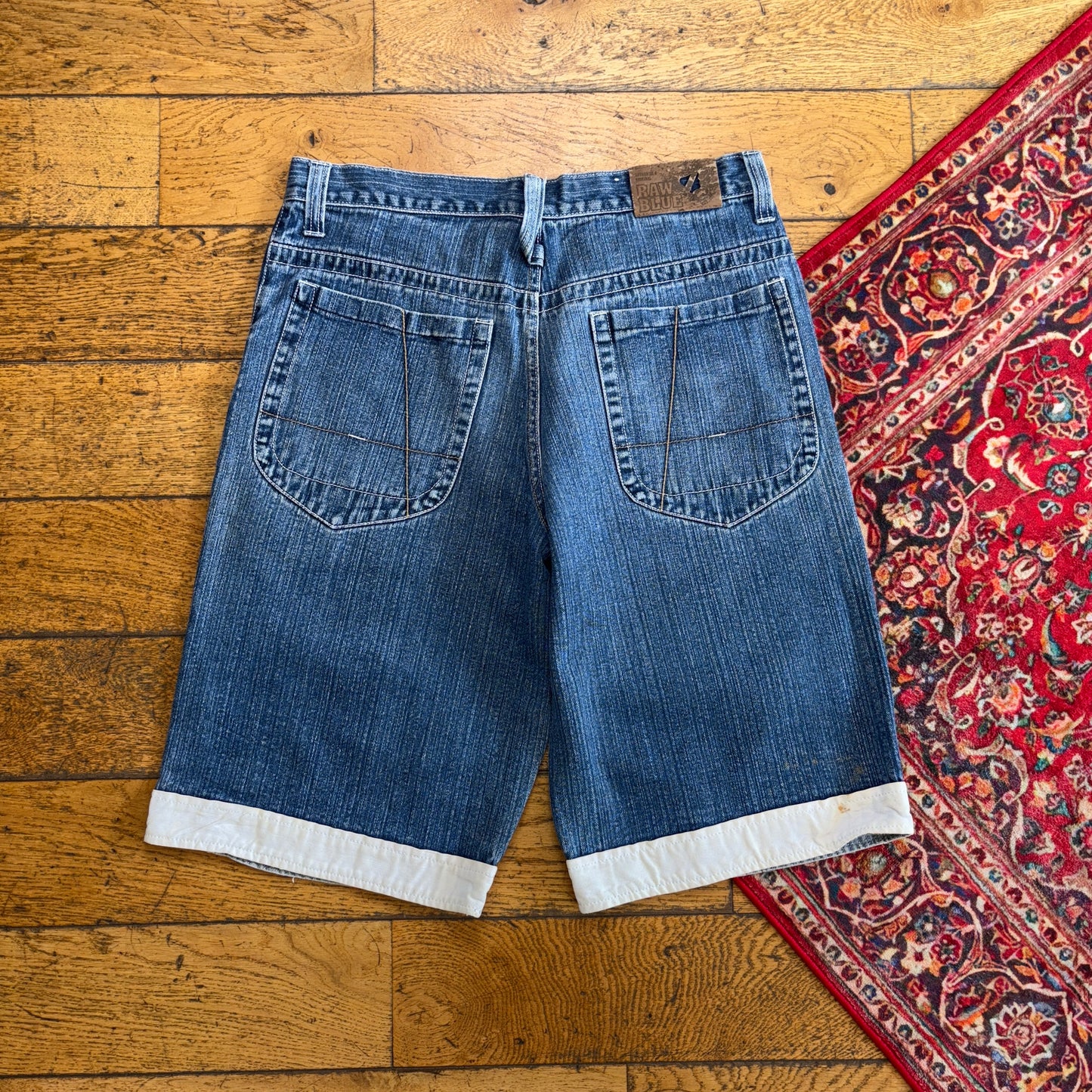 Vintage Raw Blue Embroidered Hip Hop Baggy Shorts Jorts - 34