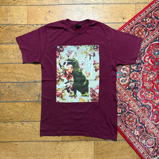 Vintage Stussy Dinosaur Burgundy Graphic T-Shirt - XS
