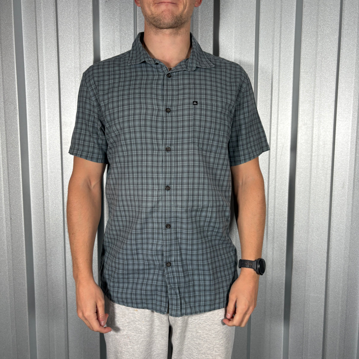 Quiksilver Blue Grey Check Plaid Short Sleeve Shirt - S