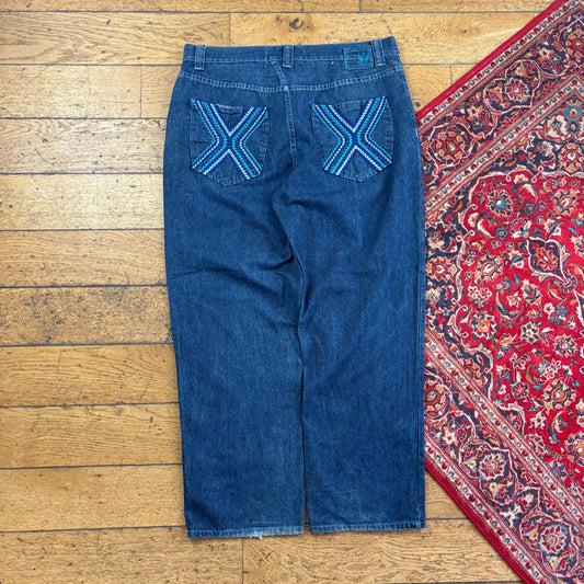 Vintage Blue Embroidered Y2K Hip Hop Baggy Jeans - 38