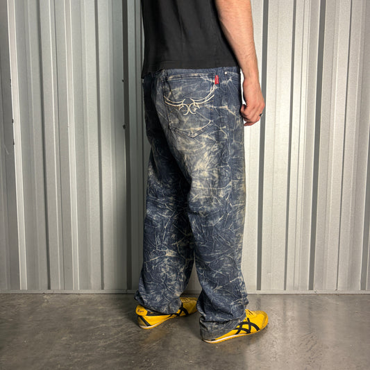 Embroidered Blue Japanese Denim Hip Hop Y2K Baggy Jeans - 36S