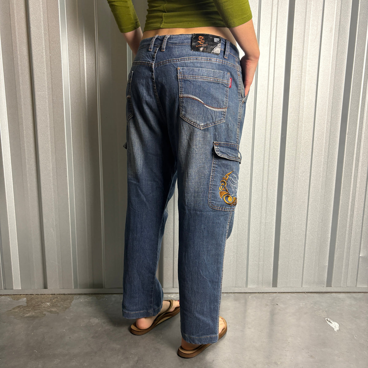 Embroidered Blue Cargo Japanese Denim Hip Hop Y2K Baggy Jeans - 34S