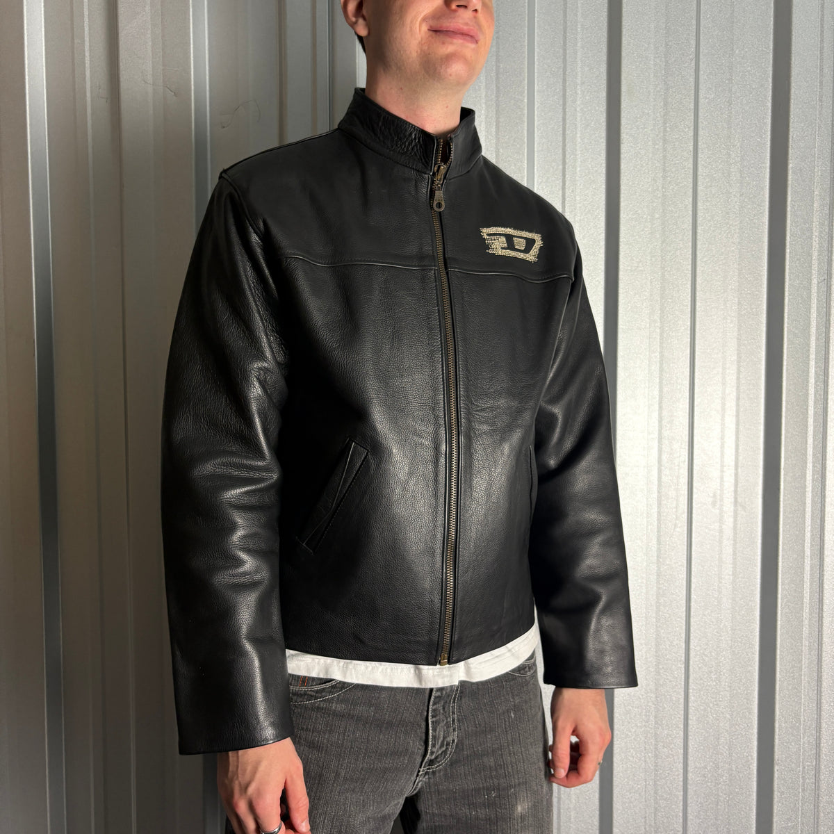 Vintage Diesel Black Embroidered Y2K 00s Leather Biker Jacket - S