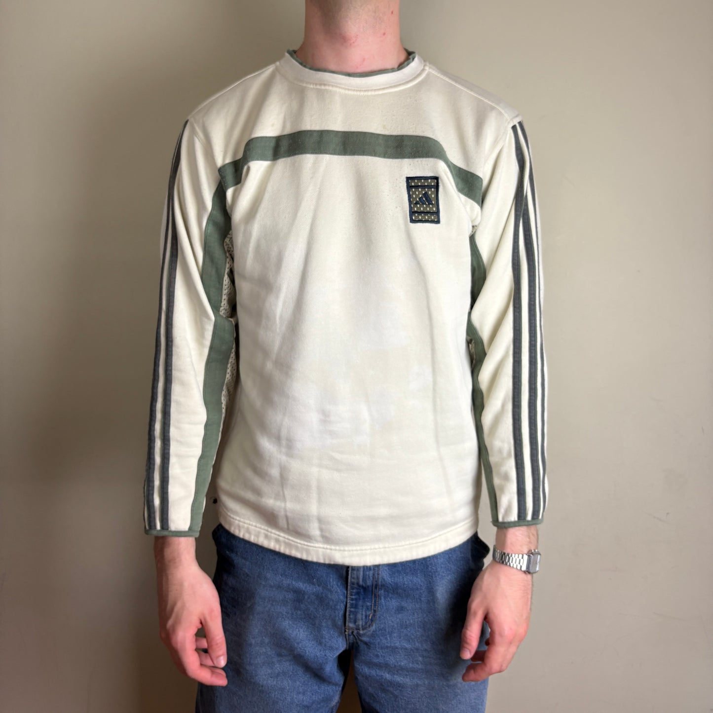 Vintage 90s Adidas Cream Green Embroidered Sweatshirt - S