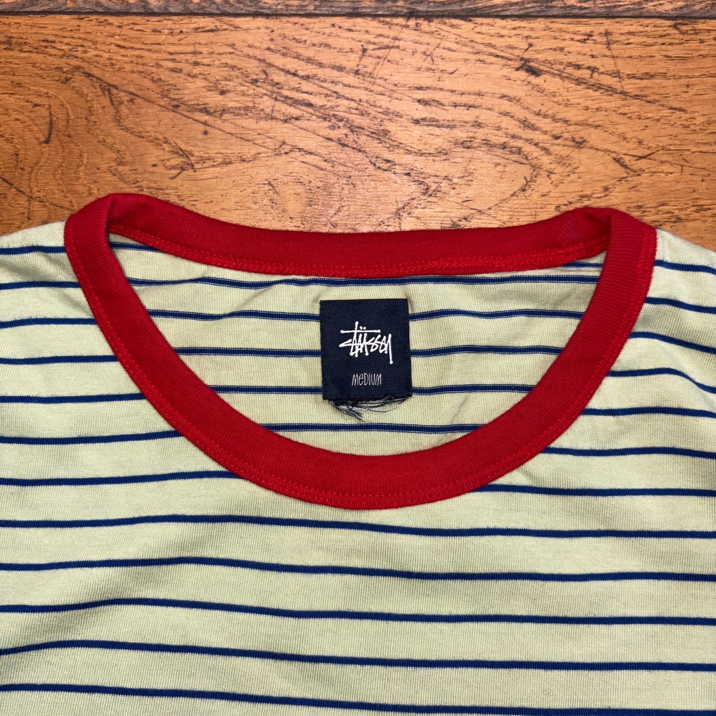 Vintage Stussy Green Stripe Embroidered T-Shirt - S