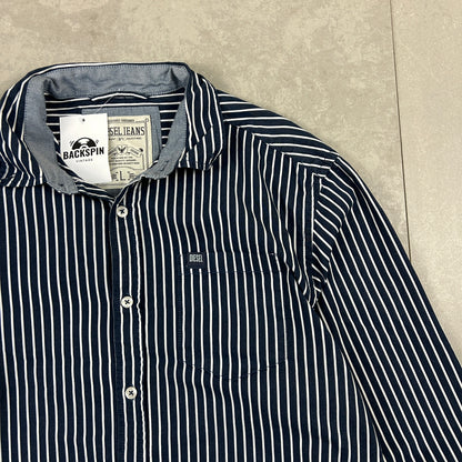 Vintage Diesel Striped Pinstripe Button Up Navy Shirt - M