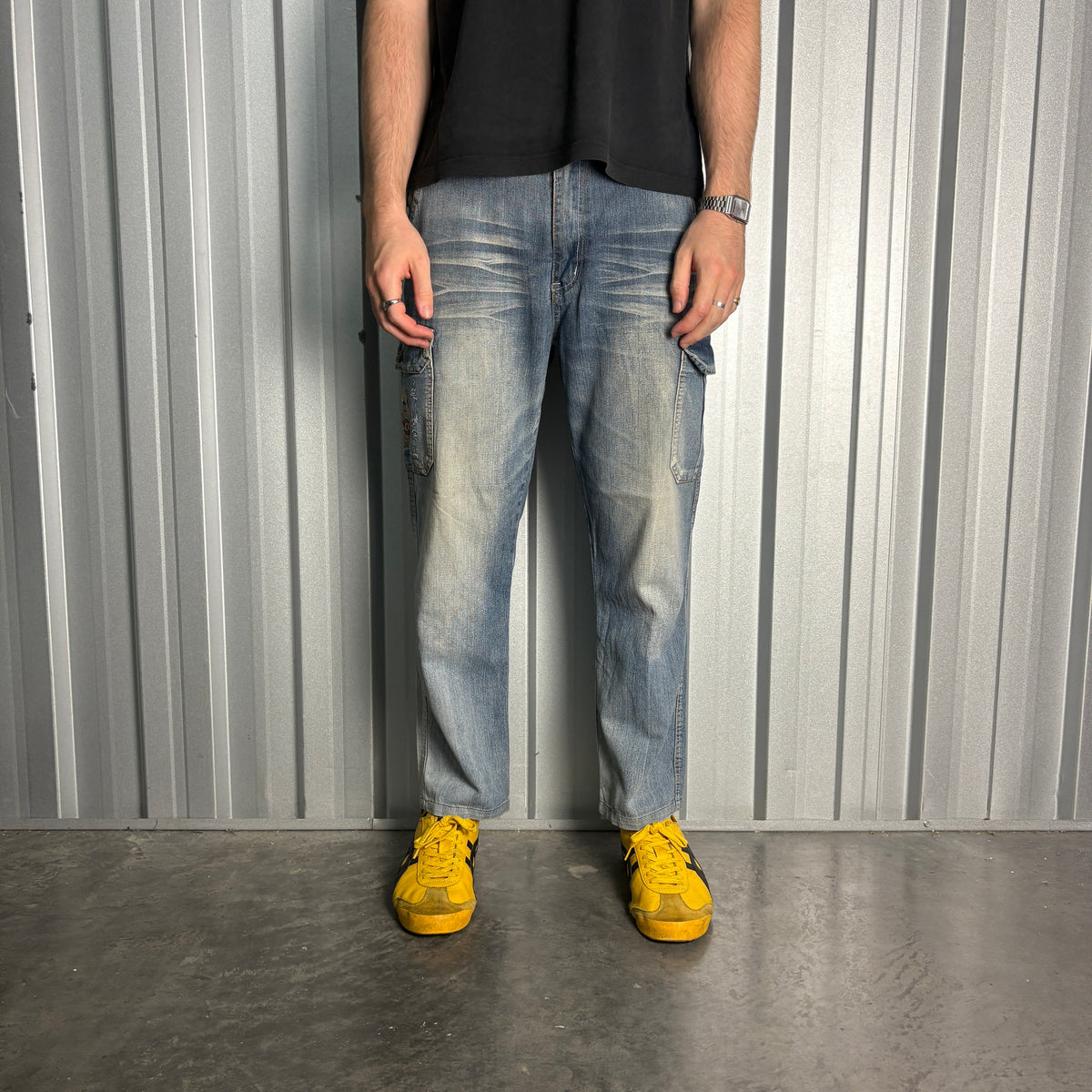 Embroidered Blue Cargo Japanese Denim Hip Hop Y2K Baggy Jeans - 34S