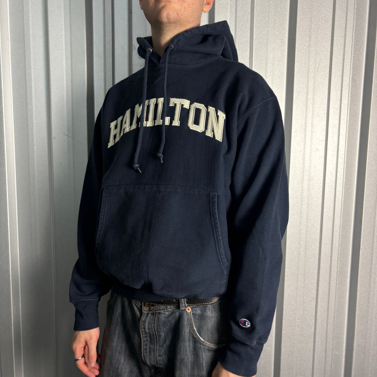 Champion Navy Boxy Hoodie Embroidered USA College Sweatshirt - M