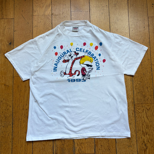 Vintage 1993 Calvin and Hobbes Spoof White Single Stitch Graphic T-Shirt - XL