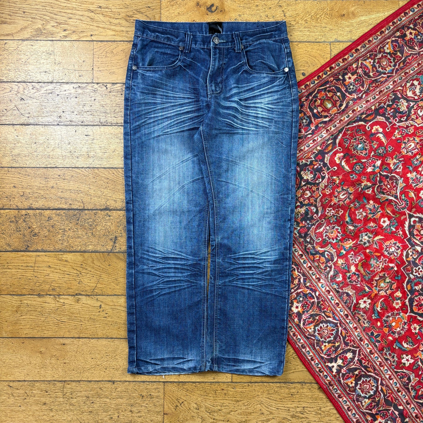 Vintage Raw Blue Embroidered Y2K Hip Hop Baggy Jeans - 36