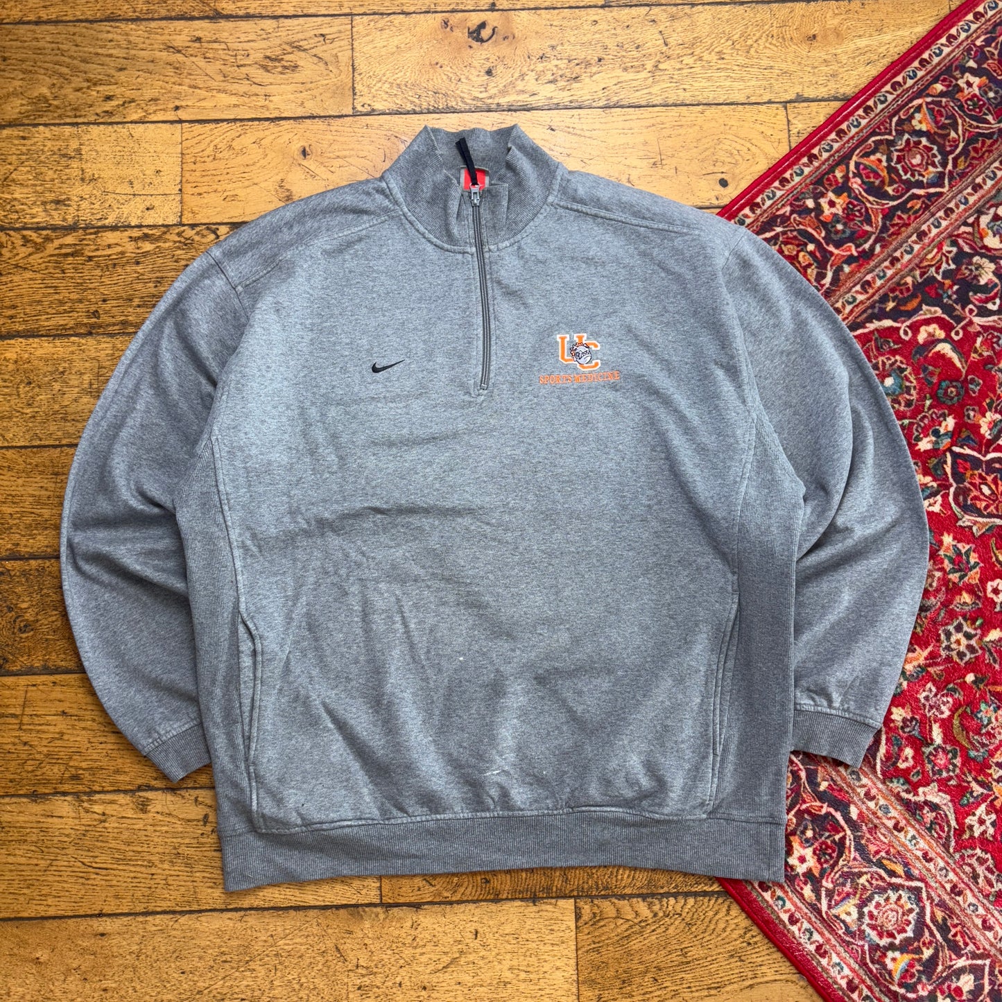 Vintage 90s  Nike Swoosh Grey Zip College Varsity Embroidered Sweatshirt - XL