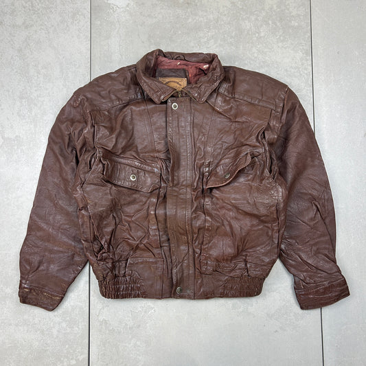 Vintage Aviator Pilot Flight Style Brown Genuine Leather Bomber Jacket - M