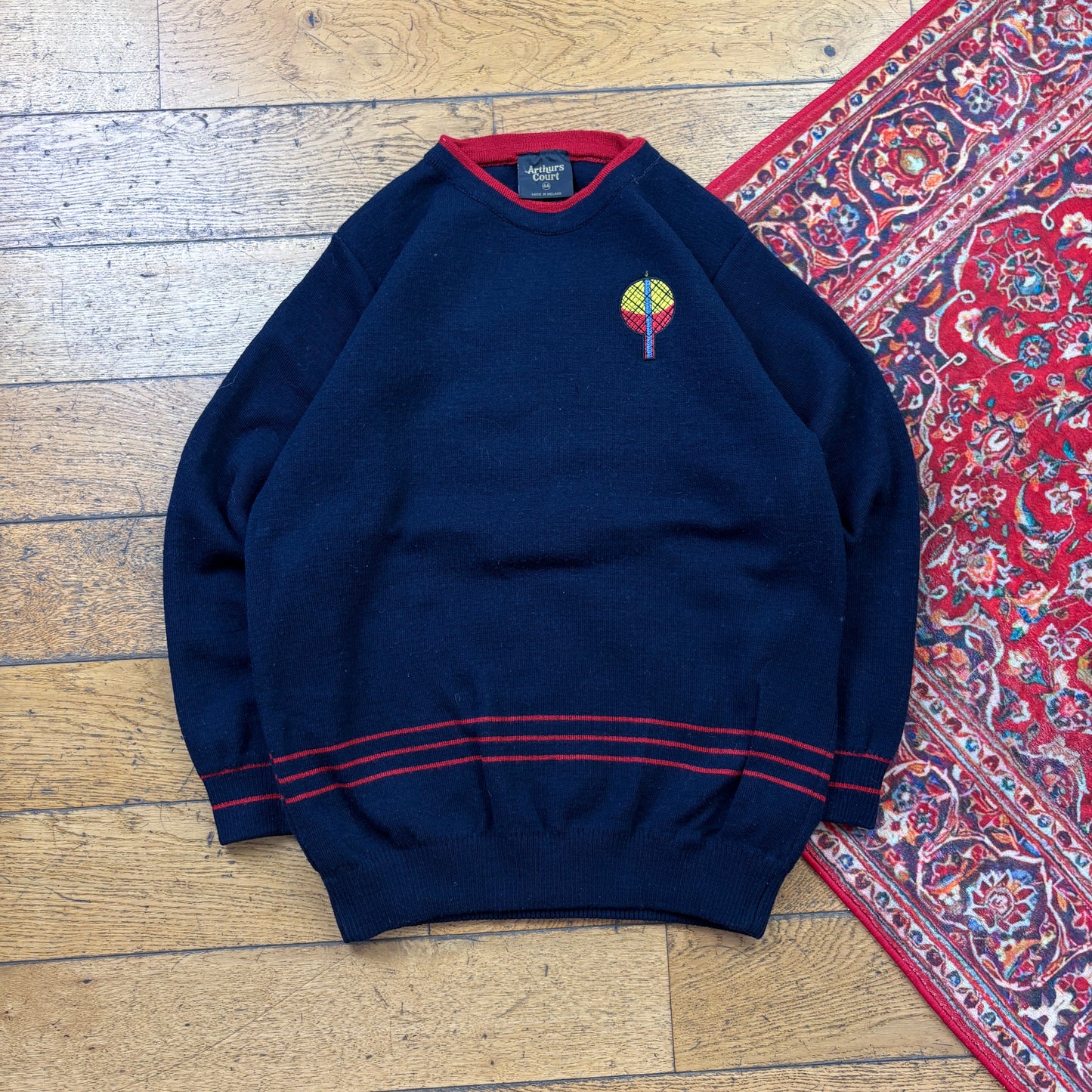 Vintage Navy Embroidered Tennis Chunky Knit Jumper - S