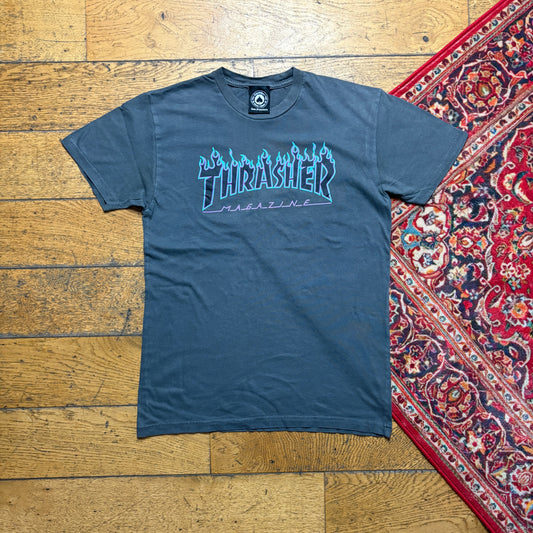 Vintage Thrasher Flames Grey Skate Graphic T-Shirt - XS