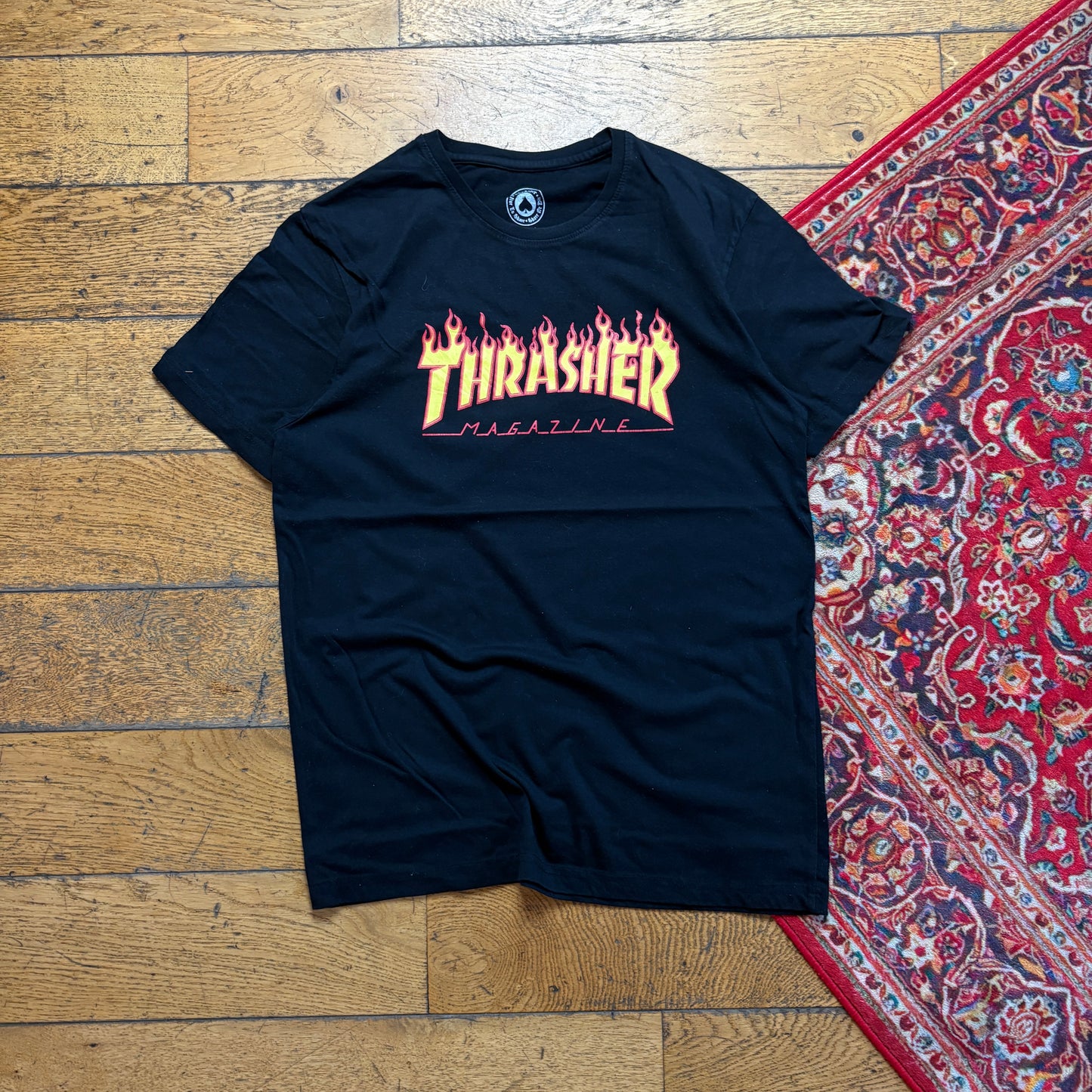 Vintage Thrasher Black Flames Graphic T-Shirt - XS