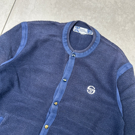 Vintage Sergio Tacchini Navy Embroiderd Cardigan Chunky Knit Jumper - M