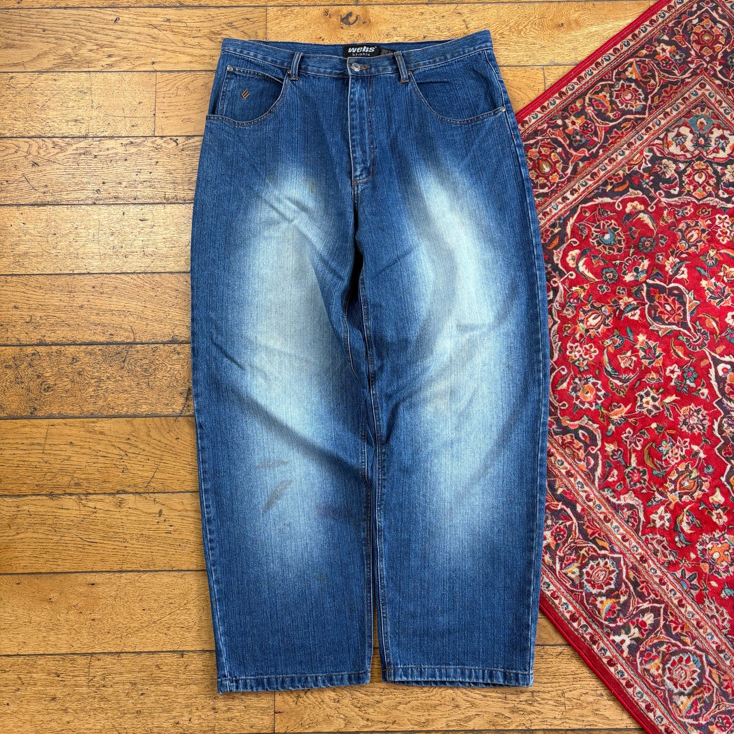 Vintage Webs Blue Embroidered Y2K Hip Hop Baggy Jeans - 38