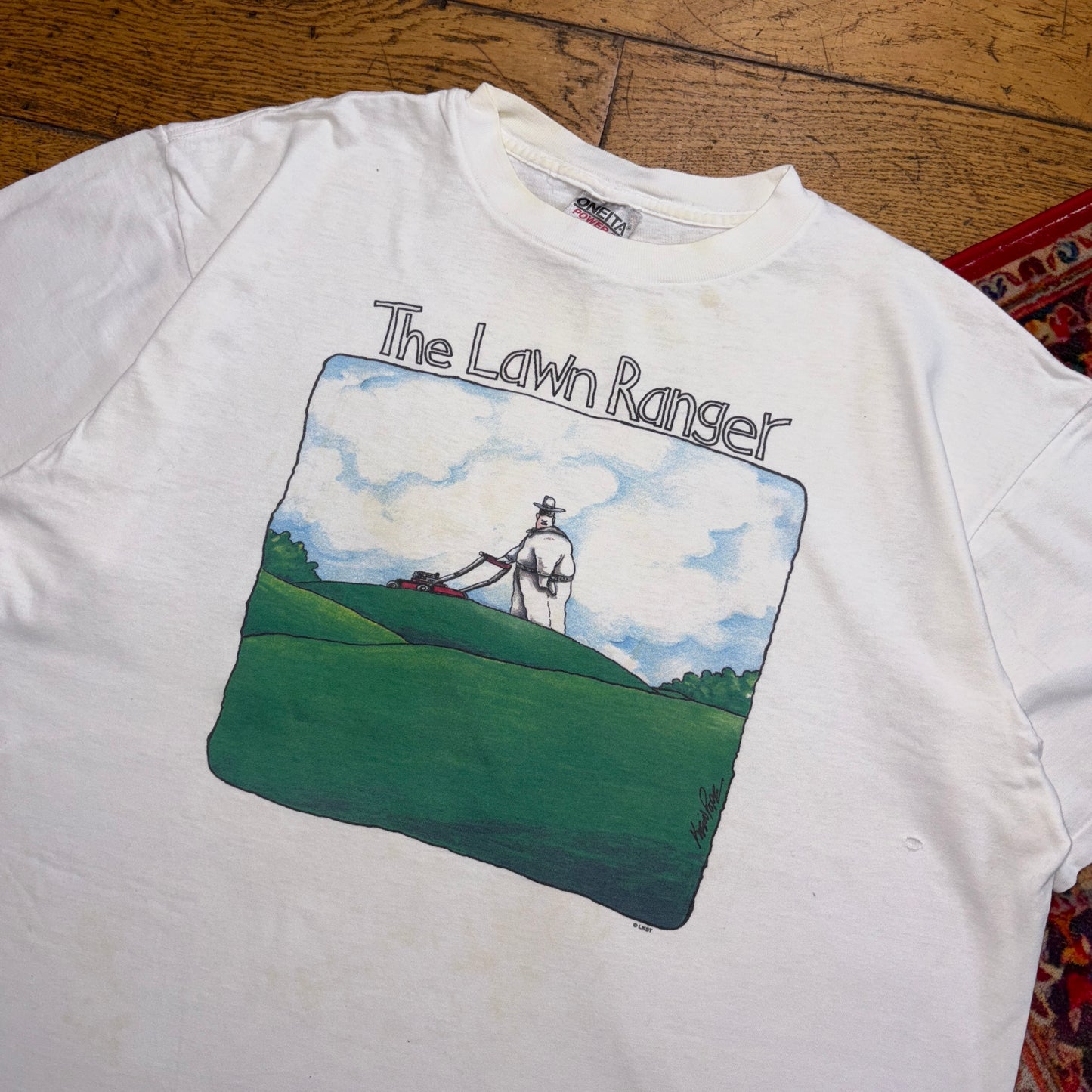 Vintage 90s Lawn Ranger Funny White Single Stitch Graphic T-Shirt - XL
