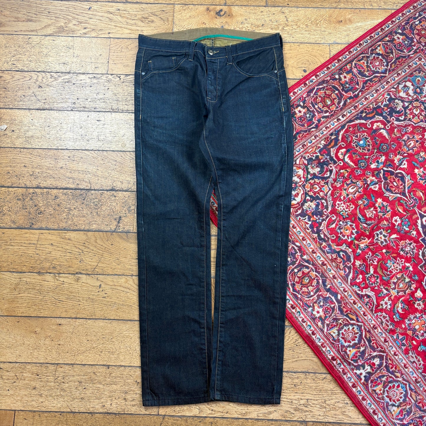 Vintage Dark Indigo Blue Embroidered Y2K Hip Hop Straight Jeans - 36