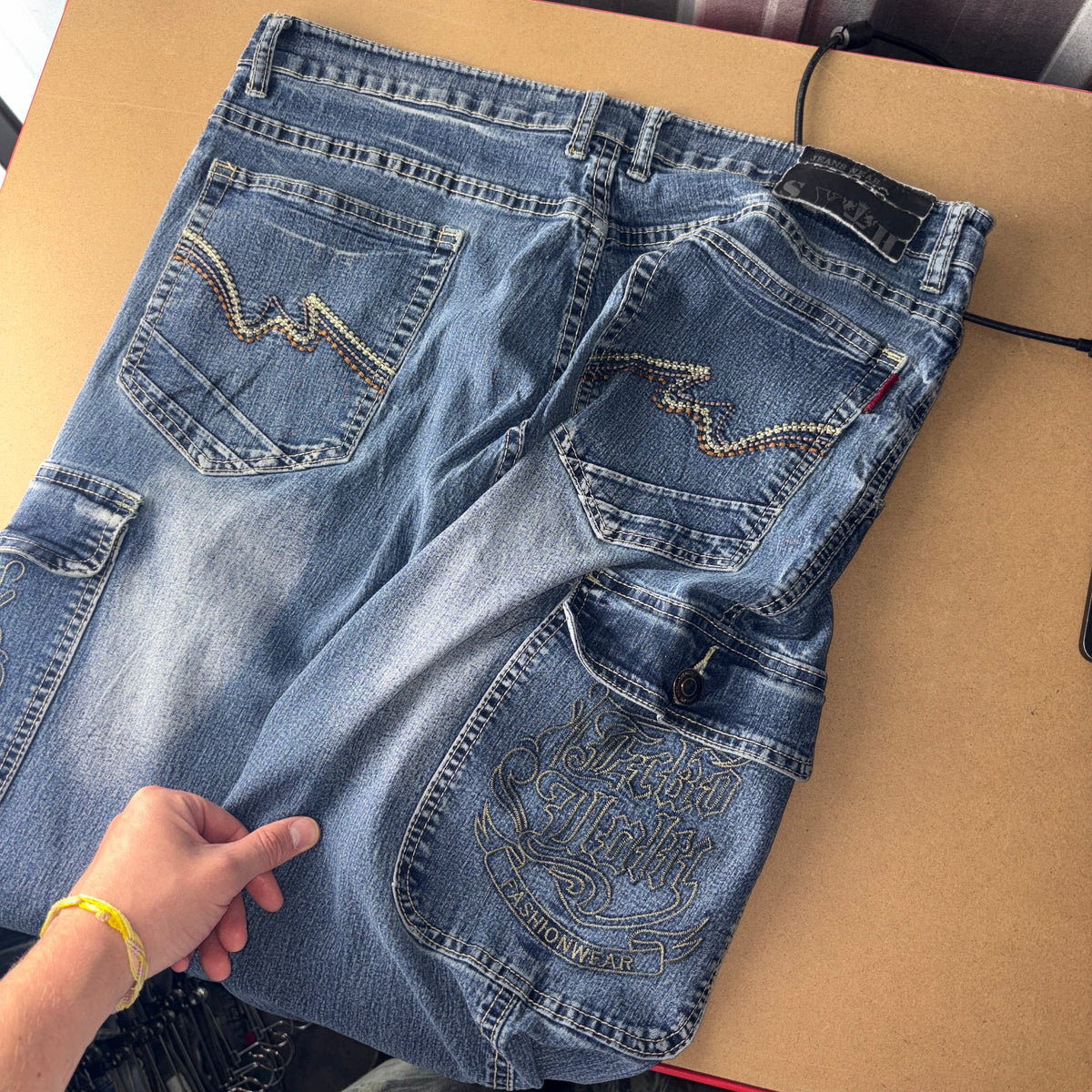 Embroidered Blue Cargo Japanese Denim Hip Hop Y2K Baggy Jeans - 36S